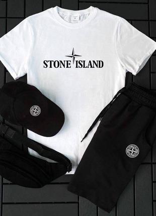 Сет 4в1. комплект на літо, чоловічий костюм шорти, футболка, кепка, бананка stone island