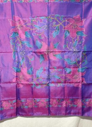 Ро1. шелковый большой фиолетовый женский платок с лилиями тайский шелк3 фото
