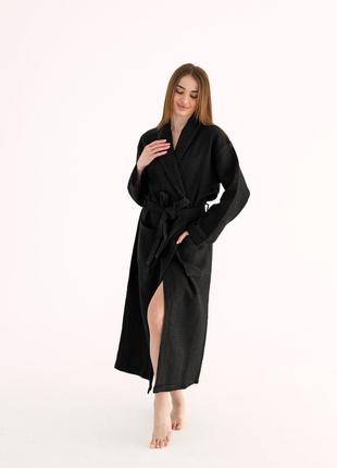 Женский вафельный халат-кимоно черный 100% хлопок узбекистан