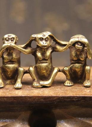 Фигурка статуэтка сувенир металл латунь мавпа 3 три обезьяна латунная закрыты рот уши глаза1 фото