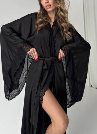 Ефектний халат з шовку армані з мереживом женский длинный халатик кружевной шёлк чорний