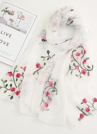 Женский шарф прозрачный расшитый цветами, 170*80