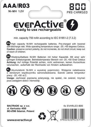 Аккумулятор everactive aaa/hr03 ni-mh 800mah bl 4шт2 фото