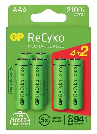 Акумулятори gp recyko 2100 (gp210aahce4/2-2bnb6) aa/hr06 ni-mh 2050 mah bl 6 шт