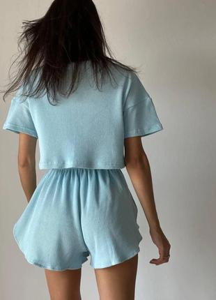 Женская пижама-двойка, домашний комплект футболка + шорты с разрезом4 фото
