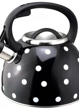 Чайник с свистком для газовой плиты unique un-5301 2,5л горошек, красивый чайник. цвет: черный7 фото
