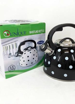 Чайник із свистком для газової плити unique un-5301 2,5л горошок, гарний чайник. колір: чорний5 фото
