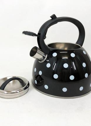 Чайник с свистком для газовой плиты unique un-5301 2,5л горошек, красивый чайник. цвет: черный2 фото
