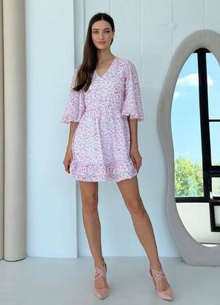 Платье женское летнее короткое муслиновое розовое в цветочнsй принт 3531-01