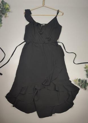 Чорна сукня на запах, плаття з талією на резинці, літня сукня на запах7 фото