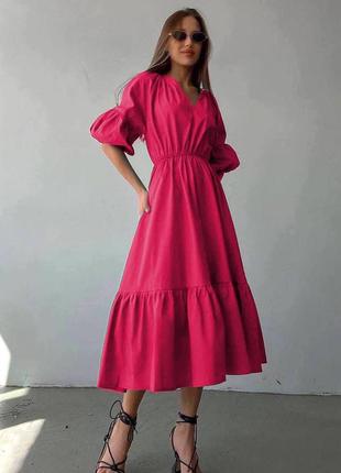 Сукня міді з льону рукава ліхтарики з рюшками вільна плаття зелена рожева біла чорна максі довга тре1 фото