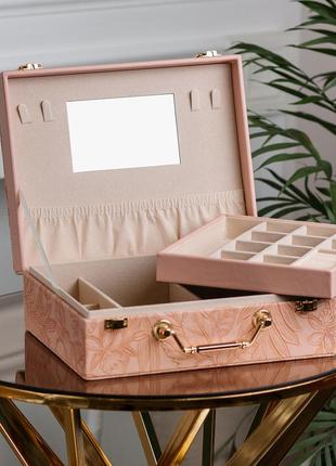 Шкатулка органайзер для украшений бижутерии прямоугольная с зеркальцем чемодан из экокожи розовая