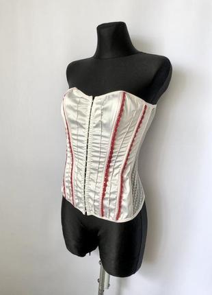 Білий атласний корсет з червоними деталями сіточка сатин lingerie & fashion4 фото
