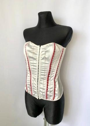 Білий атласний корсет з червоними деталями сіточка сатин lingerie & fashion