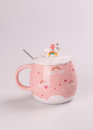 Чашка керамічна rainbow ceramic mug 400ml pink з кришкою і ложкою кухоль для чаю з кришкою `ps`