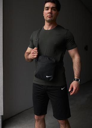 Комплект футболка хакі nike+ шорты чорні + барсетка `ps`