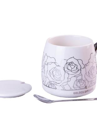 Чашка керамічна golden romance 400мл з кришкою і ложкою кухоль для чаю `ps`1 фото