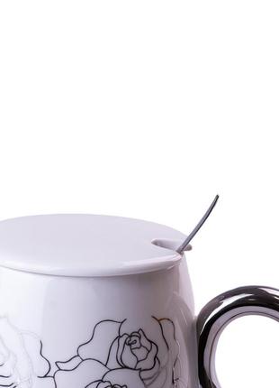 Чашка керамічна golden romance 400мл з кришкою і ложкою кухоль для чаю `ps`2 фото