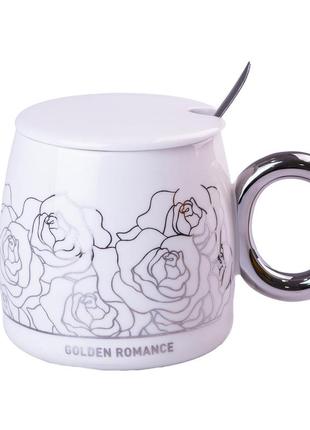 Чашка керамічна golden romance 400мл з кришкою і ложкою кухоль для чаю `ps`3 фото