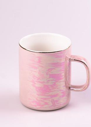 Чашка керамическая glaze 420мл в зеркальной перламутровой глазури кружка для чая с крышкой розовый `ps`2 фото