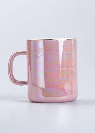 Чашка керамическая glaze 420мл в зеркальной перламутровой глазури кружка для чая с крышкой розовый `ps`3 фото