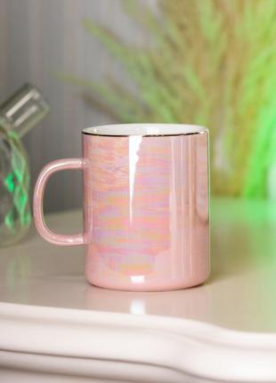 Чашка керамическая glaze 420мл в зеркальной перламутровой глазури кружка для чая с крышкой розовый `ps`1 фото