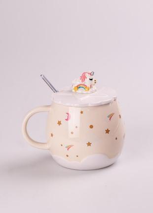 Чашка керамическая rainbow ceramic mug 400ml с крышкой и ложкой кружка для чая с крышкой бежевый `ps`