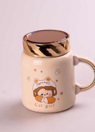 Кухоль керамічний creative show ceramics cup cute girl 420ml кухоль для чаю з кришкою жовтий `ps`