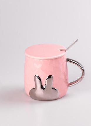 Кухоль керамічний rabbit 300мл з кришкою та ложкою чашка з кришкою чашки для кави рожевий `ps`