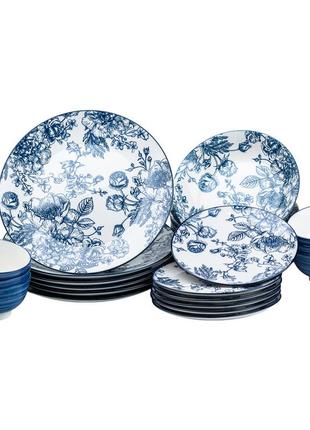Столовый сервиз тарелок 24 штуки керамических на 6 персон синий `ps`
