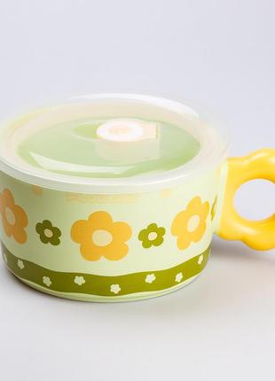 Чашка бульйонниця керамічна 750 мл з пластиковою кришкою "квітка" зелена супниця миска для локшини `ps`