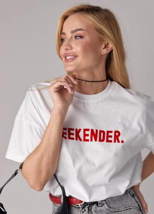 Трикотажная футболка с надписью weekender - белый с красным цвет, l (есть размеры)6 фото