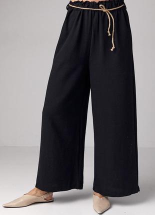 Льняные штаны на резинке с поясом - черный цвет, m (есть размеры)1 фото