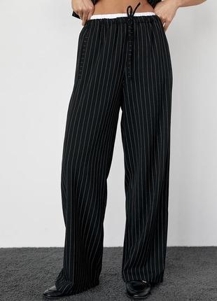 Женские брюки в полоску с резинкой на талии - черный цвет, l (есть размеры)8 фото