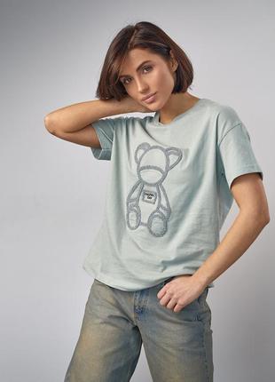 Трикотажная футболка с медвежонком - хаки цвет, l (есть размеры)