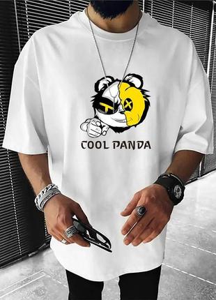 Мужская удобная белая хлопковая оверсайз футболка с ярким принтом панды и модной надписью