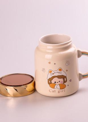 Кухоль керамічний creative show ceramics cup cute girl 420ml кухоль для чаю з кришкою жовтий2 фото