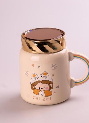 Кухоль керамічний creative show ceramics cup cute girl 420ml кухоль для чаю з кришкою жовтий