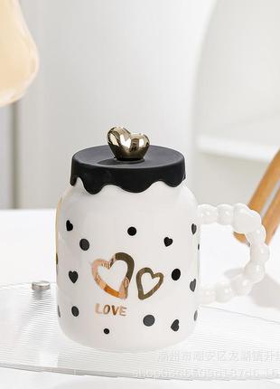 Кружка керамическая creative show ceramic cup 400мл с крышкой чашка с крышкой белая в черный горошек +