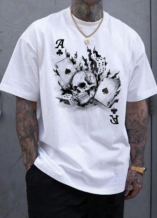 Мужская легкая белая хлопковая оверсайз футболка с ярким принтом и стильными надписями