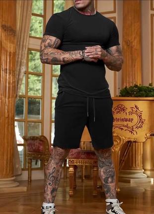 Чоловічий літній спортивний костюм з футболкою з шортами з резинкою та шнурком в поясі3 фото