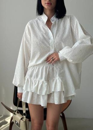 Костюм  шорти-спідниця з рюшами • і вільна блуза з об'ємним рукавом. бавовняному шитті5 фото