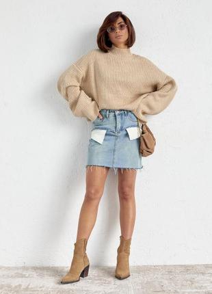 Джинсова спідниця міні з кишенями назовні, колір: джинс3 фото