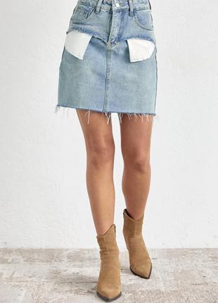 Джинсовая юбка мини с карманами наружу, цвет: джинс
