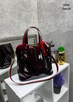 Черная — лак 2 - три отделения - вместительная, стильная, молодежная сумка  (1036)10 фото