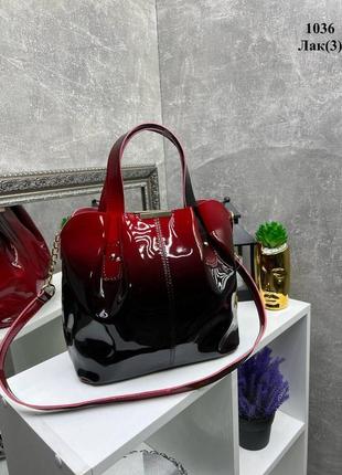 Черная — лак 2 - три отделения - вместительная, стильная, молодежная сумка  (1036)9 фото