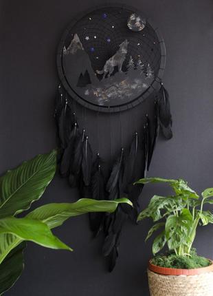 Большой черный ловец снов "волк" <unk> идеален для декора стены <unk> изящный и современный декор