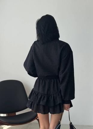 Черный женский трендовый костюм шорты-юбка с рюшами рубашка из прогулочного повседневного костюма с юбкой шортами7 фото