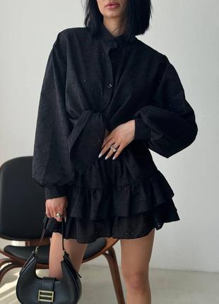 Черный женский трендовый костюм шорты-юбка с рюшами рубашка из прогулочного повседневного костюма с юбкой шортами9 фото