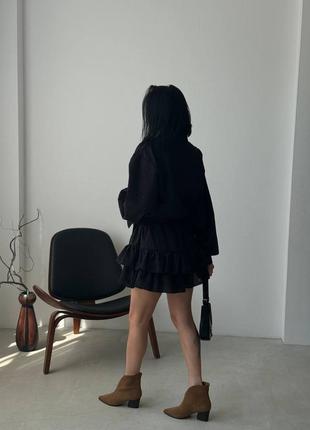 Черный женский трендовый костюм шорты-юбка с рюшами рубашка из прогулочного повседневного костюма с юбкой шортами8 фото